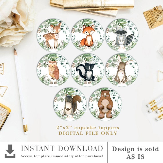 Greenery Woodland Animals Birthday Printable Decor. Forest Baby Shower Decorations. 2" Cupcake Toppers. Favor Tags. INSTANT DOWNLOAD. WOOD24 Il_570xn