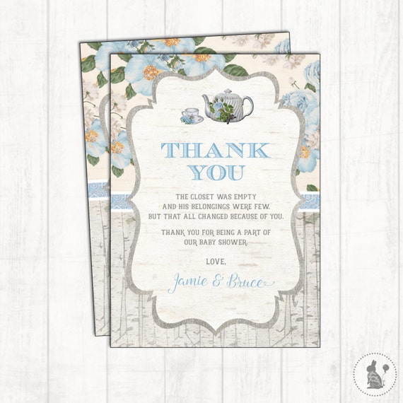 Blue Floral Thank You Card. Vintage Rustic Tea Party Baby Shower Printable Thank You Notes. Blue Flowers Baby Shower. Boho Shower. TEA2 Il_570xn