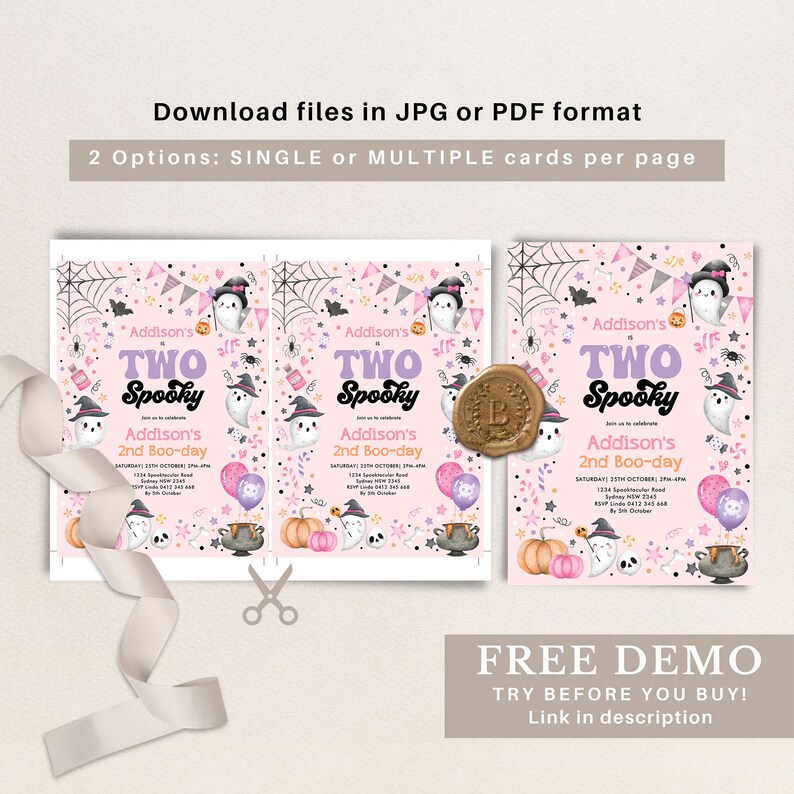 May include: Two printable Halloween party invitations featuring a pink and purple color scheme with a ghost, witch, and pumpkin design. The text on the invitation reads "Addison's Two Spooky" and "Addison's 2nd Boo-day".