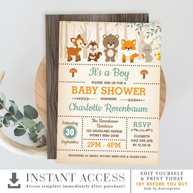 Woodland Baby Shower INVITATION TEMPLATE. Printable. Baby Boy. Etsy