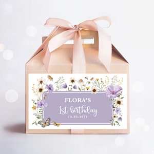 Editable Lavender Wildflower Birthday Party Favor, Boho Purple Floral Gable Box Label, Baby in Bloom Gift Box Label Template Download, FLO32