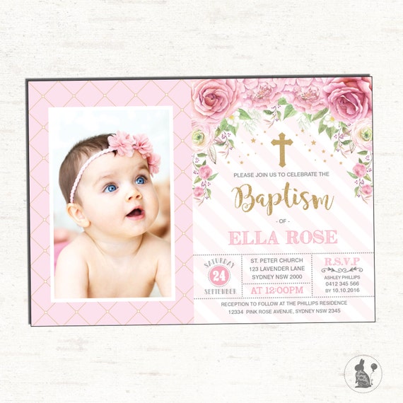 Girl Baptism Invitation Pink Gold Christening Printable Invitation