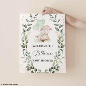 Greenery Lamb Baby Shower Welcome Sign, Baby Sheep Birthday Party Decoration, Eucalyptus Easter Wreath EDITABLE TEMPLATE Download, GR7