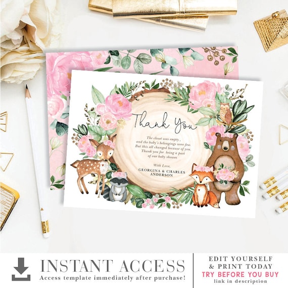 EDITABLE Woodland Animals Thank You Card. Blush Pink Floral Forest Printable Download. Girl Baby Shower. Birthday Favors. WOOD25 Il_570xn