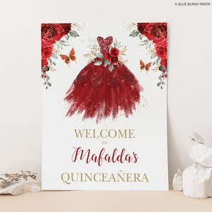 QUINCEAÑERA Welcome Sign, Red Roses Mis Quince Editable Template, Crown Princess Butterflies Decoration, 15th Birthday Party Download, FLO11