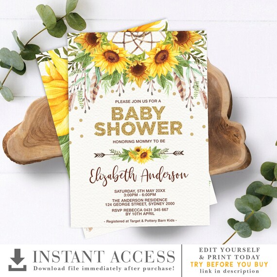 Sunflower Dreamcatcher Baby Shower Invitation. Rustic Boho Yellow Floral Garden Tea Party Invite. EDITABLE TEMPLATE. SUN4 Il_570xn