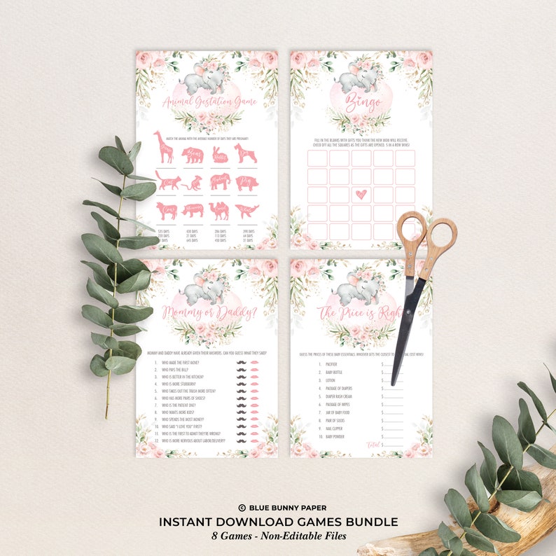 Games Package Party Game EL17 8 Elephant Baby Shower Games Girly Blush Pink Floral Games Bundle Download Printable Instant Download