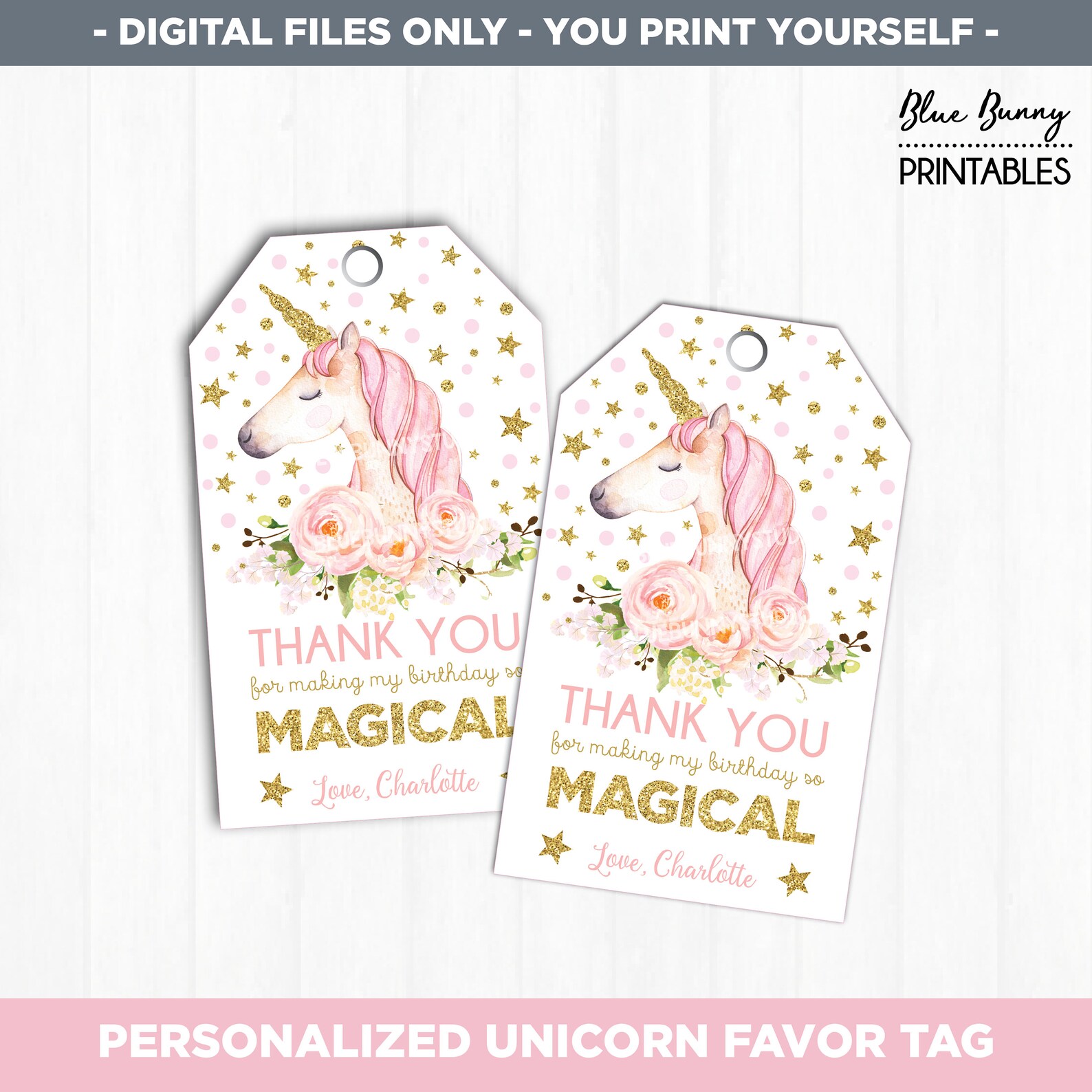 magical unicorn favor tag pink roses gold glitter