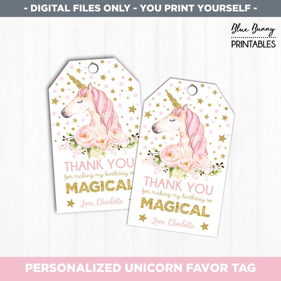 Magical Unicorn Favor Tag. Pink Roses Gold Glitter Confetti Rainbow Unicorn Party Decor. Thank You Tag. Magical Girls First Birthday. UNI5 Il_570xn