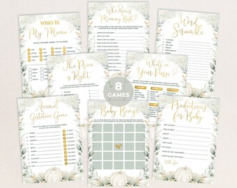 Pumpkin Baby Shower Games Bundle, 8x Fall Greenery Gold Games Package, Gender Neutral Pumpkin Printable Instant Digital Download, PUM4