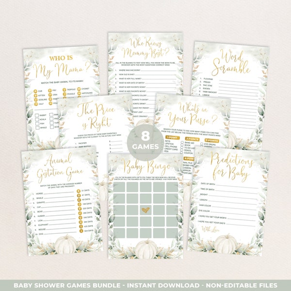 Pumpkin Baby Shower Games Bundle, 8x Fall Greenery Gold Games Package, Gender Neutral Pumpkin Printable Instant Digital Download, PUM4