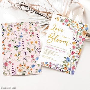 Peut inclure: Une invitation de f&ecirc;te pr&eacute;nuptiale florale avec le texte "Love is in Bloom" en lettres dor&eacute;es. L'invitation est d&eacute;cor&eacute;e d'une bordure de fleurs aquarelle dans des tons de rose, violet, bleu, jaune et orange. Le texte sur l'invitation se lit comme suit : "Rejoignez-nous pour une f&ecirc;te pr&eacute;nuptiale en l'honneur de Sandra Weston, samedi 10 avril, 14h00, The Wildflower Inn, 124 Spring Blooms Ave, Sydney, RSVP Olivia 0412 345 667 avant le 5 avril. Flora est inscrite chez Target & Bed Bath and Beyond."