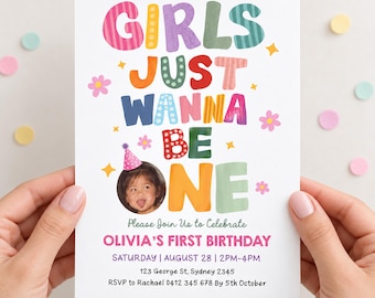 Girls Just Wanna Be One Birthday Photo Invitation: Whimsical First Birthday Canva Template, FUN2