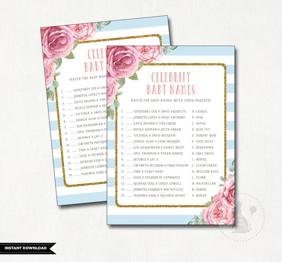 CELEBRITY BABY NAMES. Baby Blue Pink Gold Baby Shower Printable Game. Pink Roses. Floral Baby Shower. High Tea. Celebrity Name Match. FLO5 Il_570xn