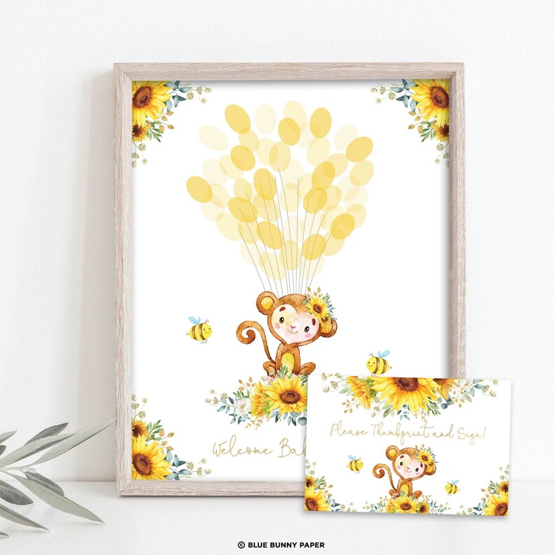 Sunflower Monkey Thumbprint Guestbook, Summer Floral Jungle Monkey Fingerprint Tree Printable Welcome Baby Sign EDITABLE TEMPLATE, MO3 image 1