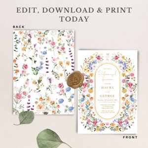 May include: A white wedding invitation with a floral wreath border. The invitation is for a rehearsal dinner honoring Maura and George. The text is in gold lettering and the background is a white floral pattern.