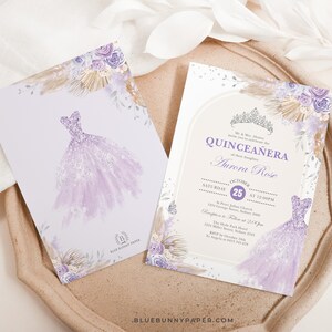 May include: Purple and gold Quinceanera invitation with a watercolor illustration of a dress and floral accents. The text reads "Quinceanera" and "Aurora Rose". The date is Saturday, October 25th at 7:00 PM.