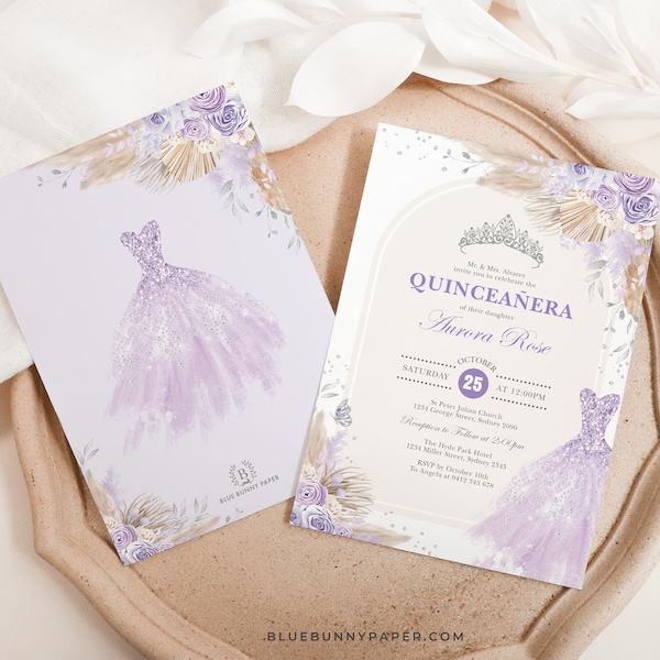 Lilac Silver Quinceañera Invitation Purple Roses Mis Quince 15 Anos PLANTILLA EDITABLE Sweet 16 Birthday DIY Invite Template Download, FLO26