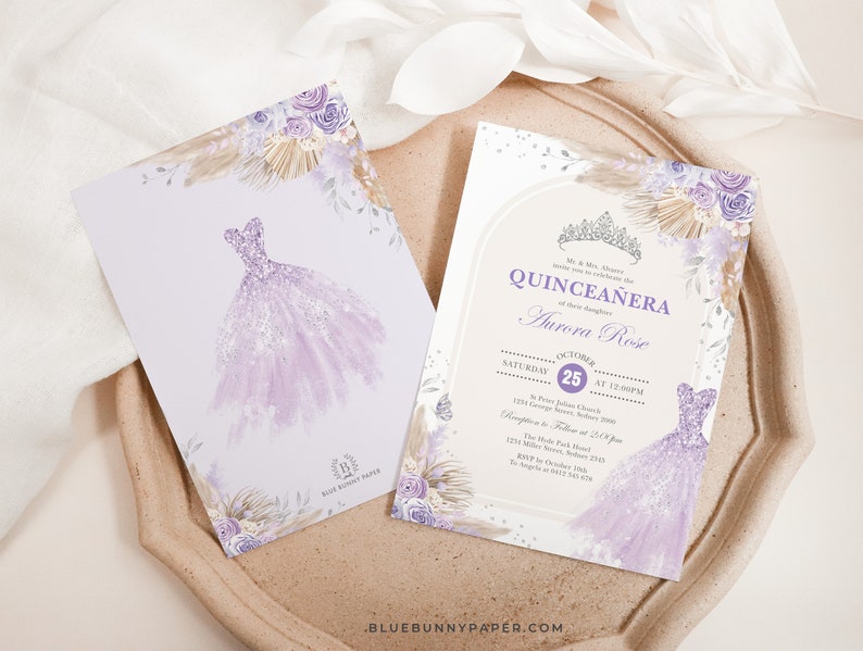 May include: Purple and gold Quinceanera invitation with a watercolor illustration of a dress and floral accents. The text reads "Quinceanera" and "Aurora Rose". The date is Saturday, October 25th at 7:00 PM.