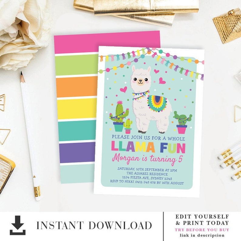 Fiesta Llama Birthday EDITABLE INVITATION. Rainbow Llama Party Invitation Template. Cute Alpaca Printable Invite. INSTANT Download. ALP3 image 1