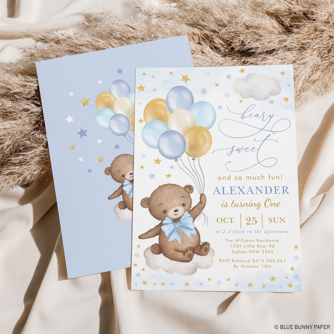 Editable Teddy Bear Birthday Invitation Blue Gold Balloons | Etsy