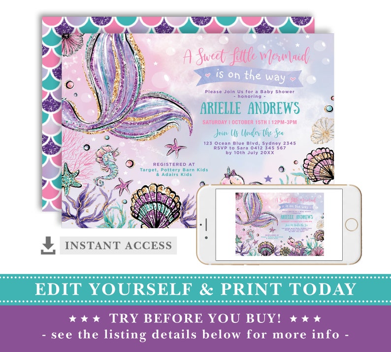 Girly Mermaid Baby Shower Invitation Template. EDITABLE Under Etsy