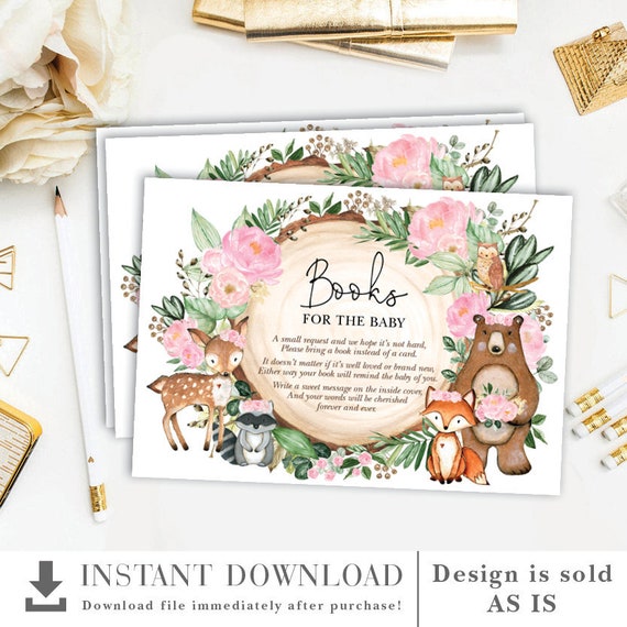 Girly Woodland Books for Baby Printable Card. Blush Pink Floral Forest
