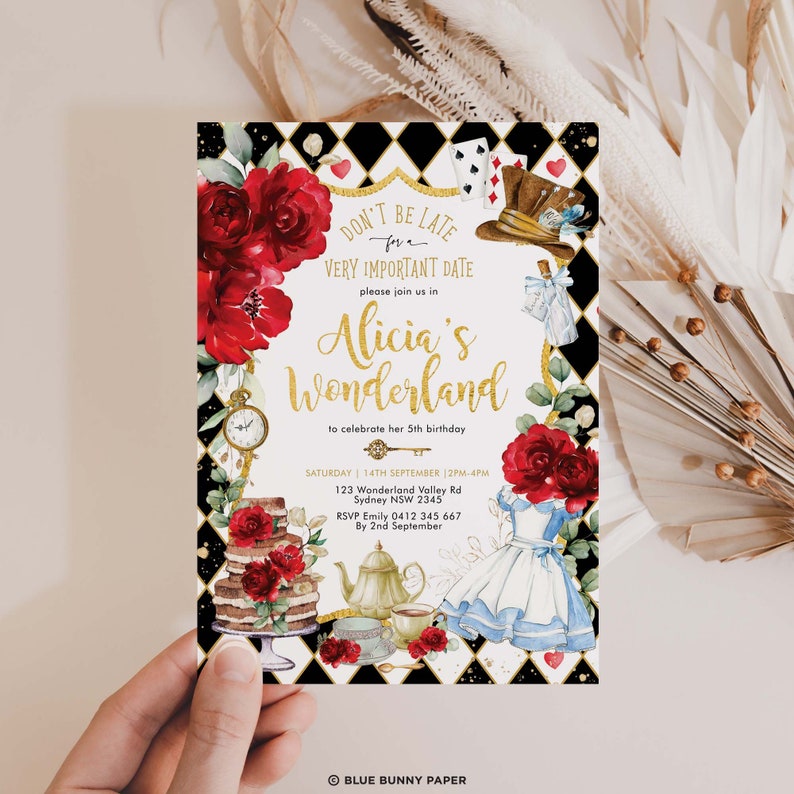 May include: Alice in Wonderland themed birthday party invitation with a black and white checkered background, red roses, a teacup, a teapot, a cake, and a clock. The invitation says "Don't be late for a very important date. Please join us in Alicia's Wonderland to celebrate her 5th birthday. Saturday, 14th September, 12pm-4pm, 123 Wonderland Valley Rd, Sydney NSW 2345. RSVP Emily 0412 345 667 by 2nd September."