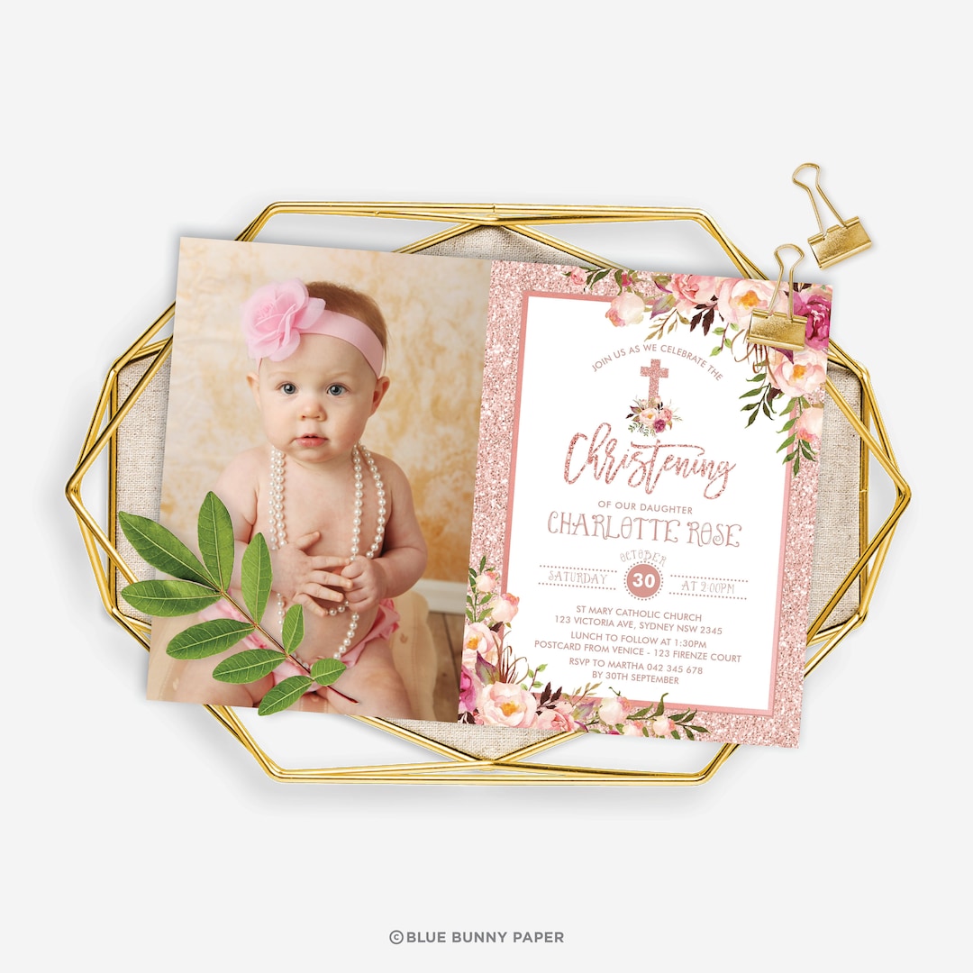 Editable Rose Gold Christening Invitation. Pink Floral Baptism