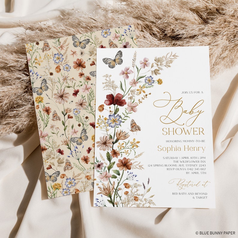 May include: A baby shower invitation with a floral design and gold lettering. The invitation reads "Join us for a Baby Shower honoring Mommy-to-be Sophia Henry. Saturday 1 April 10th 1 2PM The Wildflower Inn 124 Spring Blooms Ave Sydney 2243 RSVP Olivia 0412 345 667 by April STH Registered at Bed Bath and Beyond & Target. &copy; Blue Bunny Paper"