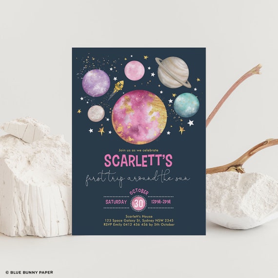 Pink Outer Space Birthday Invitation, Galaxy Girls Party Invite, Twinkle Little Star Solar System EDITABLE Template Instant Download, OS2 Il_570xn
