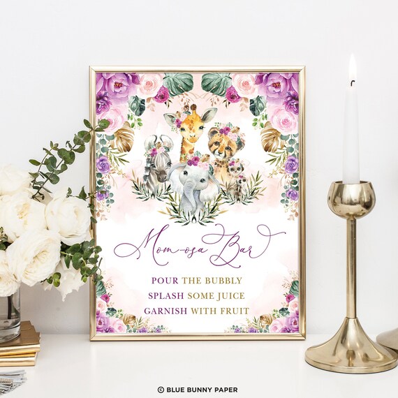 Momosa Bar Printable Sign, Safari Jungle Animals Mimosa Bar Drinks Sign, Tropical Purple Blush Flowers Baby Shower Decoration Download, SAF7 Il_570xn