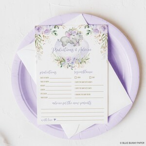 Meisje olifant baby shower spel, voorspellingen en advies voor ouders, paarse bloem baby strooi spel afdrukbare INSTANT DOWNLOAD, EL23
