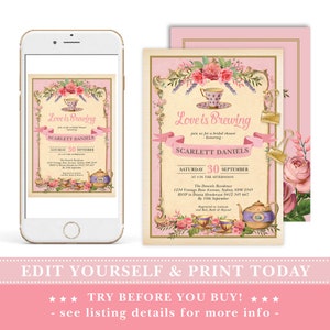 May include: A printable bridal shower invitation with a pink and gold design. The invitation features a teacup, teapot, and floral accents. The text on the invitation reads "Love is Brewing" and includes the bride's name, date, time, and location.