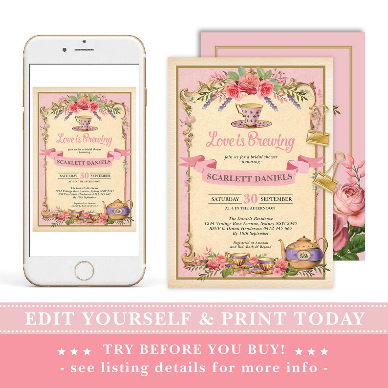 May include: A printable bridal shower invitation with a pink and gold design. The invitation features a teacup, teapot, and floral accents. The text on the invitation reads "Love is Brewing" and includes the bride's name, date, time, and location.