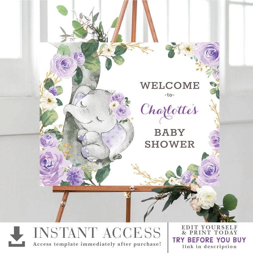 Letrero de bienvenida para baby shower con elefante floral morado. Decoraciones imprimibles de un cumpleaños salvaje de Jungle Greenery. PLANTILLA EDITABLE. EL11