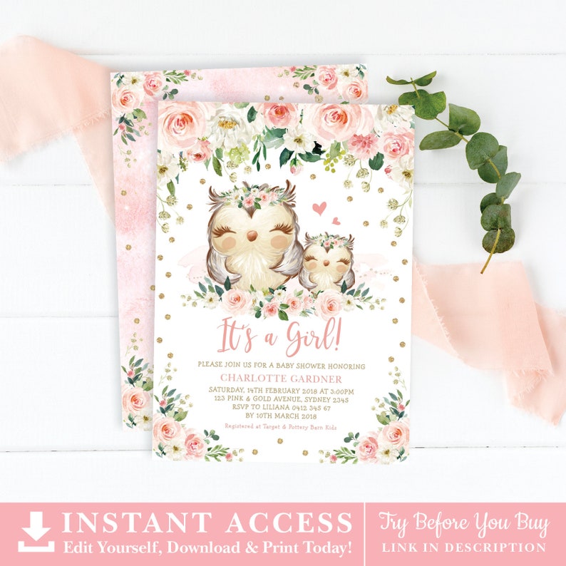 Blush Floral Owl Baby Shower Invitation. Pink Gold Woodland Owl Baby Girl Printable EDITABLE TEMPLATE Instant Download. OWL1 image 1