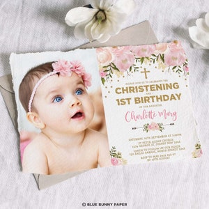Blush Floral Joint Baptism Birthday Invitation, Pink Gold Christening Invite, EDITABLE TEMPLATE, FLO18A image 3