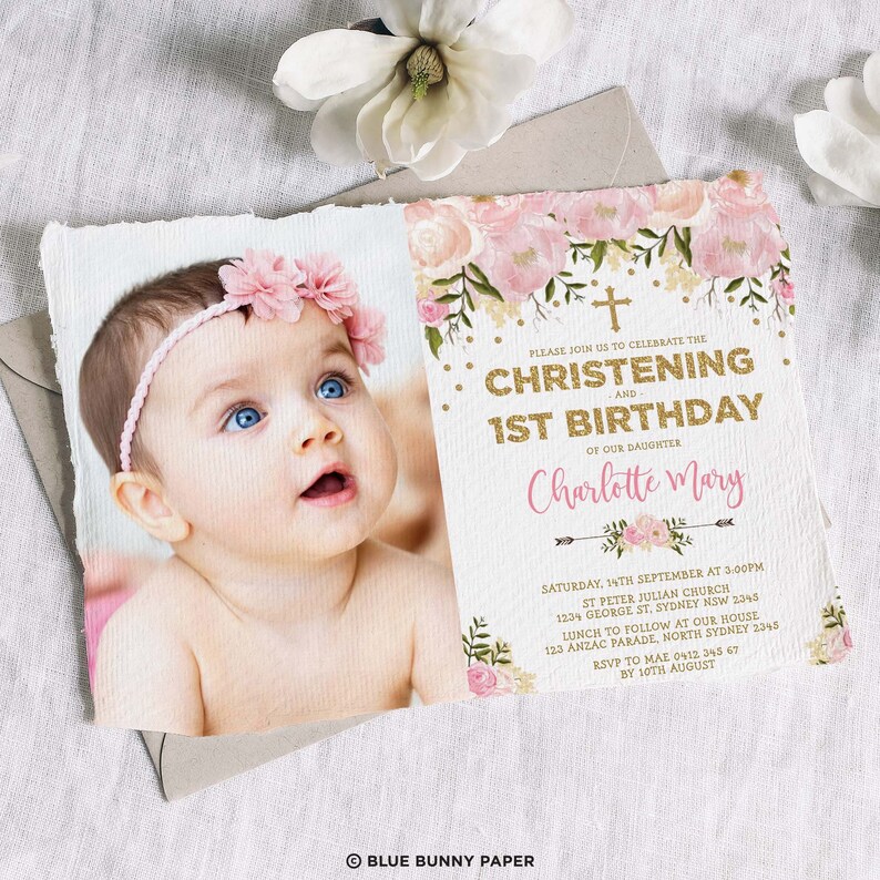 Blush Floral Joint Baptism Birthday Invitation, Pink Gold Christening Invite, EDITABLE TEMPLATE, FLO18A image 3
