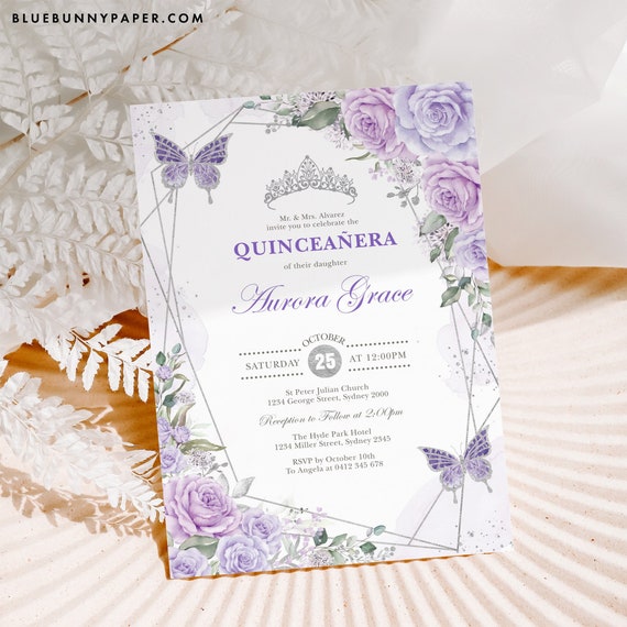 Editable Quinceanera Invitation Template Purple Lilac Silver Floral Mis Quince 15 Anos Invite Butterflies Crown Princess DIY Download, FLO21 Il_570xn