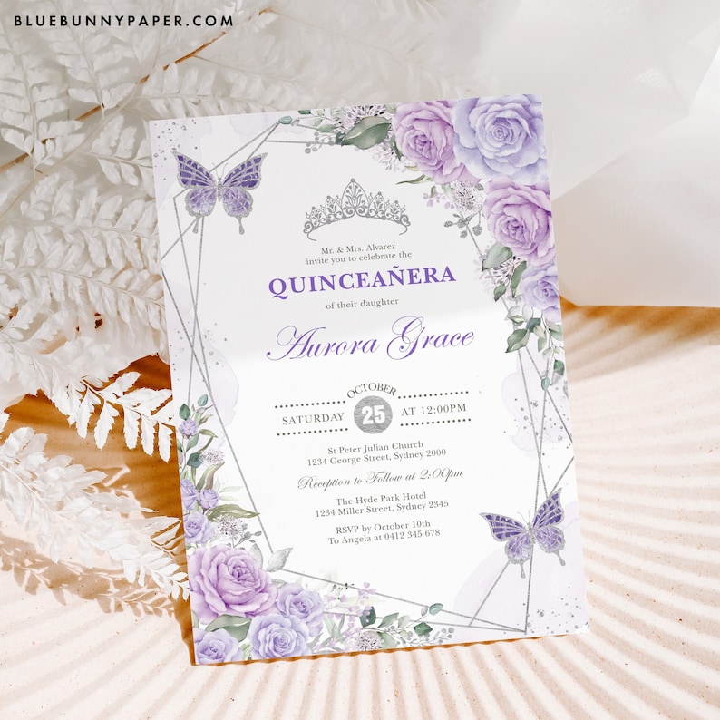 Editable Quinceanera Invitation Template Purple Lilac Silver Etsy