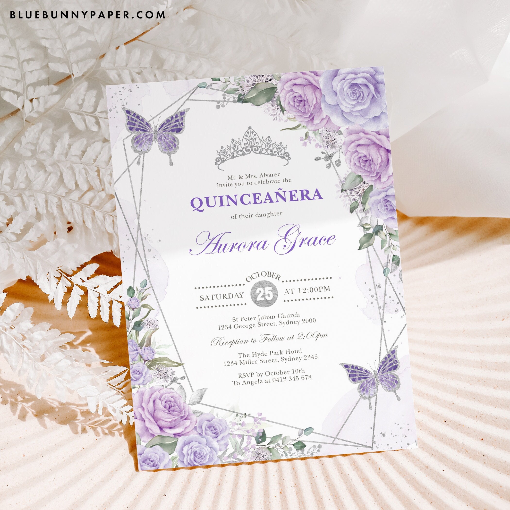 Quinceanera Invitations, Silver and Blue Glitter Quinceanera