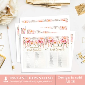 Word Scramble Bridal Shower and Hens Party Game Printable Pink / Gold Boho Floral Theme FLO12A image 2