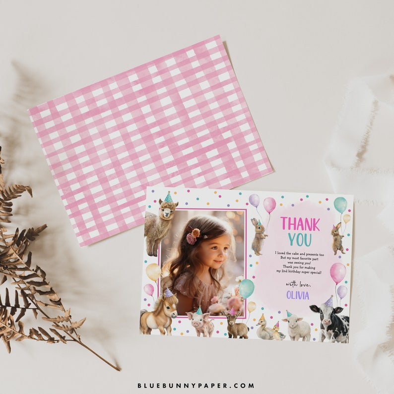 Editable Farm Birthday Thank You Card Pink Farm Animals Girl Birthday ...