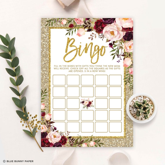Gold Glitter Bingo Baby Shower Game. Blush Burgundy Flowers Printable Game. Bling Glam Floral Roses Instant Download. FLO33 Il_570xn