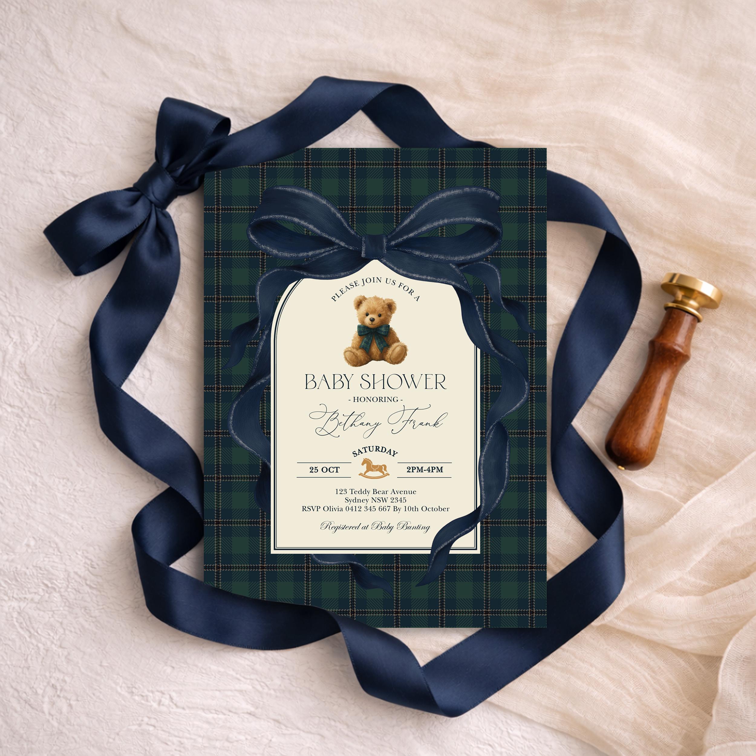 Vintage Polo Teddy Bear Baby Shower Invitation: Navy Equestrian Plaid ...