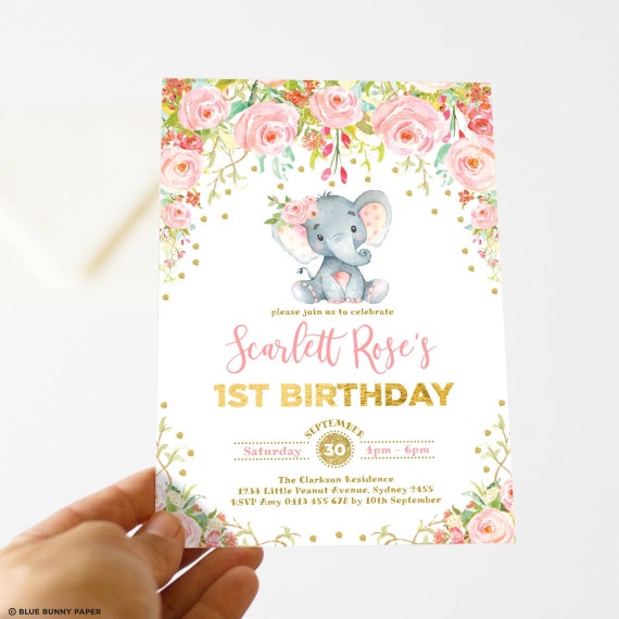 Instant Download Turning One Elephant First Birthday Flower Girl Birthday Pink Floral Printable Invitation Elephant Birthday Invite