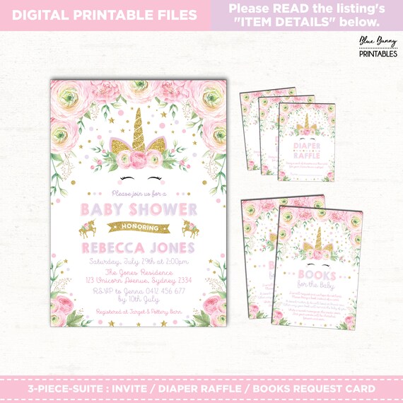 Unicorn 3-PIECE-SUITE. Unicorn Baby Shower Invitation. Pink Roses Purple Gold Confetti Diaper Raffle. Books For Baby. Shower Package. UNI6 Il_570xn