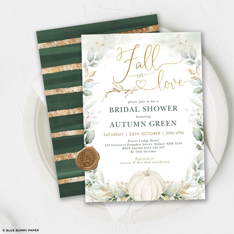 Greenery Pumpkin Bridal Shower Invitation, Fall in Love Wedding Shower Invite, Autumn Botanical Leafy Wreath Editable Template Download PUM4 image 6