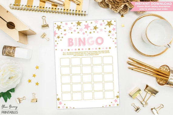 Twinkle Little Star BINGO Baby Shower Game. Pink and Gold Glitter. Sparkly Gold Stars Baby Shower Games. Baby Girl Princess Party. TT2 Il_570xn